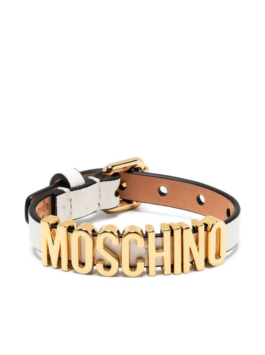 White Logo Plaque Leather Bracelet