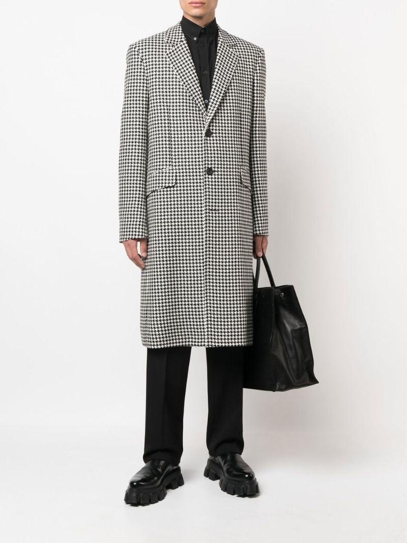 Black and White Houndstooth Wool Coat