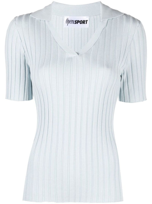 Blue Paloma Ribbed Knit Polo Top