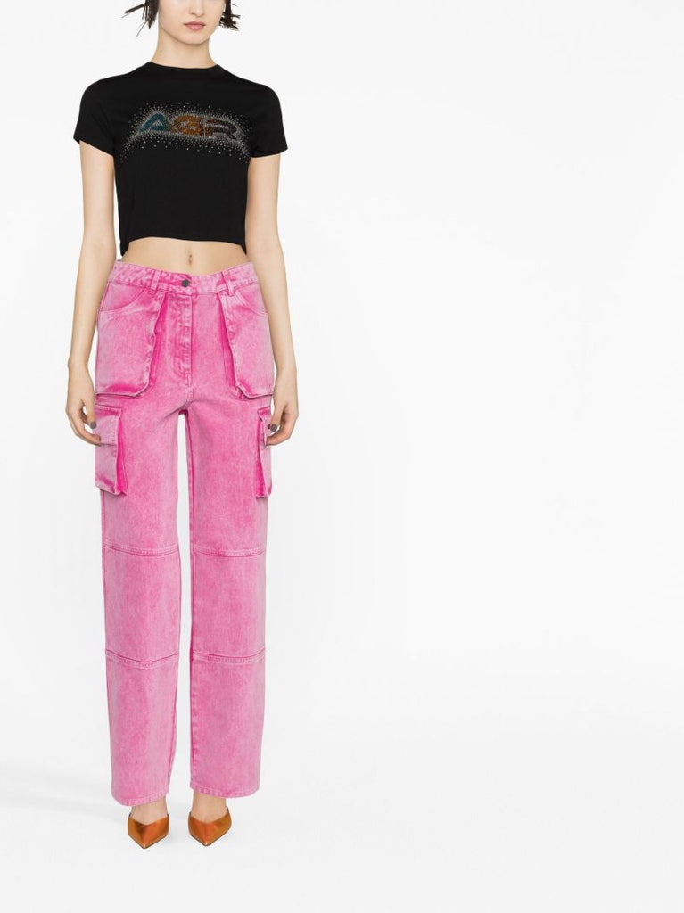 Black Crystal Logo Cropped Cotton T-shirt