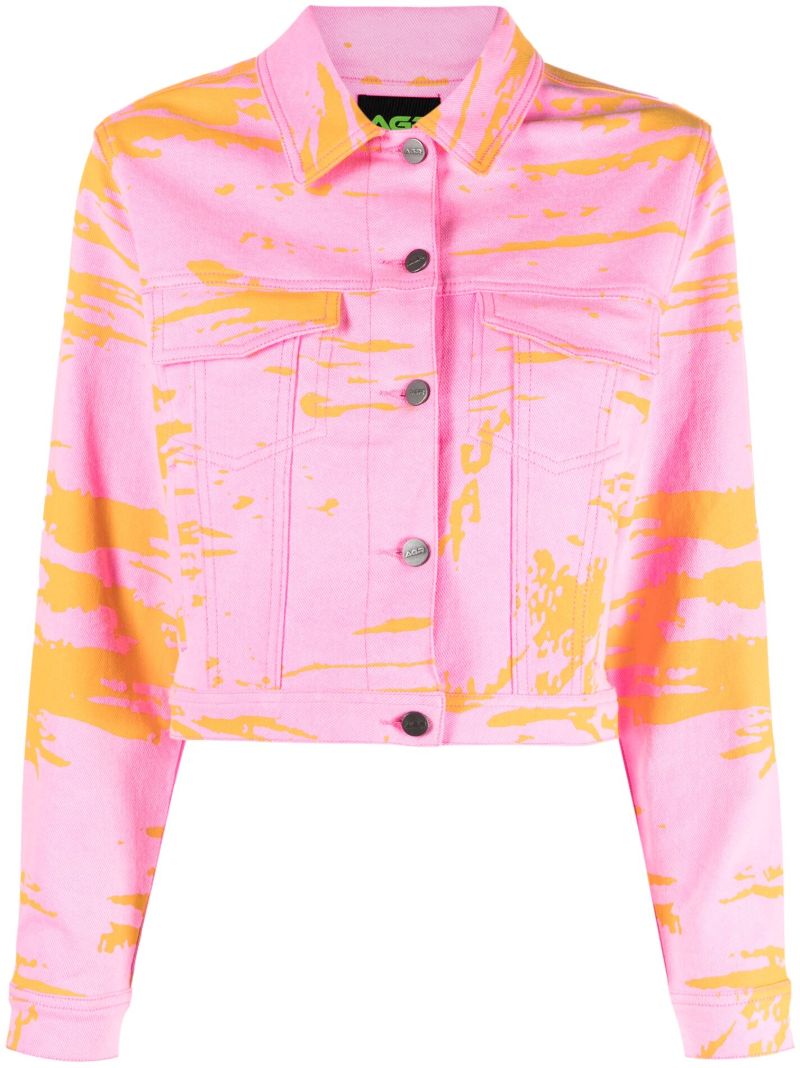 Pink Printed Cropped Denim Jacket
