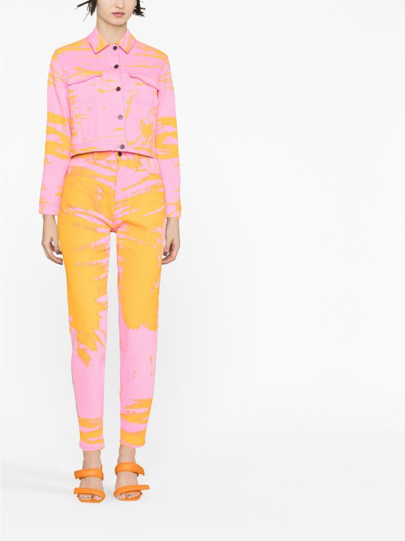 Pink Printed Cropped Denim Jacket