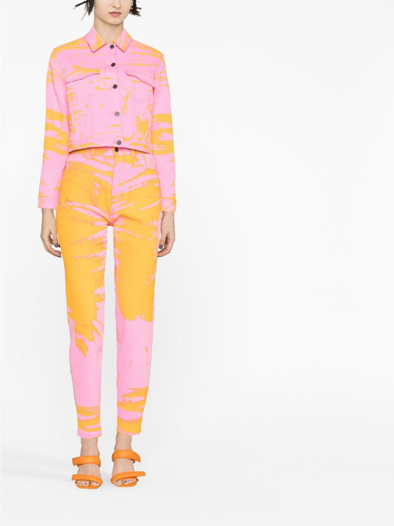 Pink Printed Cropped Denim Jacket