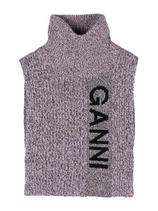 Purple Intarsia Logo Ribbed Knit Bib Collar