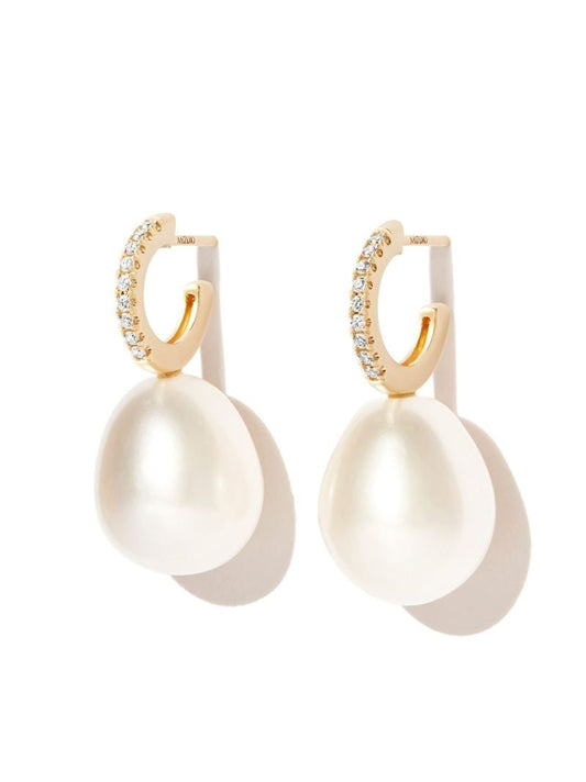 14k Yellow Gold Sea of Beauty Diamond and Pearl Hoop Earrings