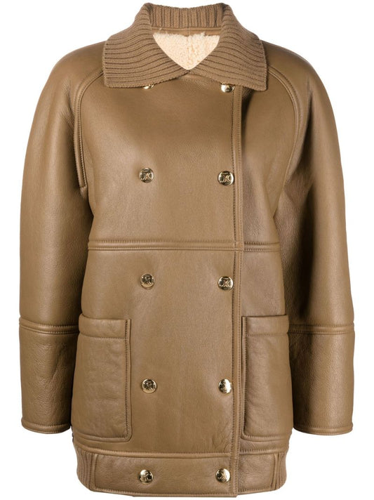 Green Double-breasted Leather Coat