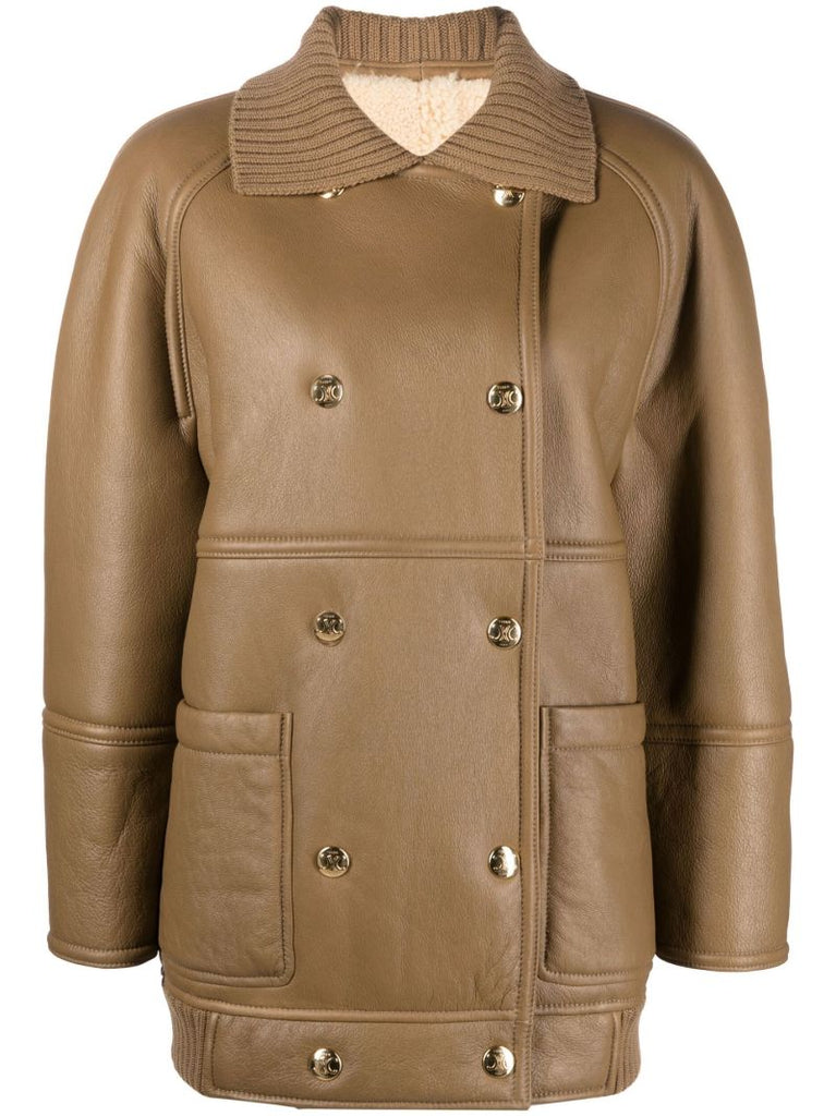 Green Double-breasted Leather Coat
