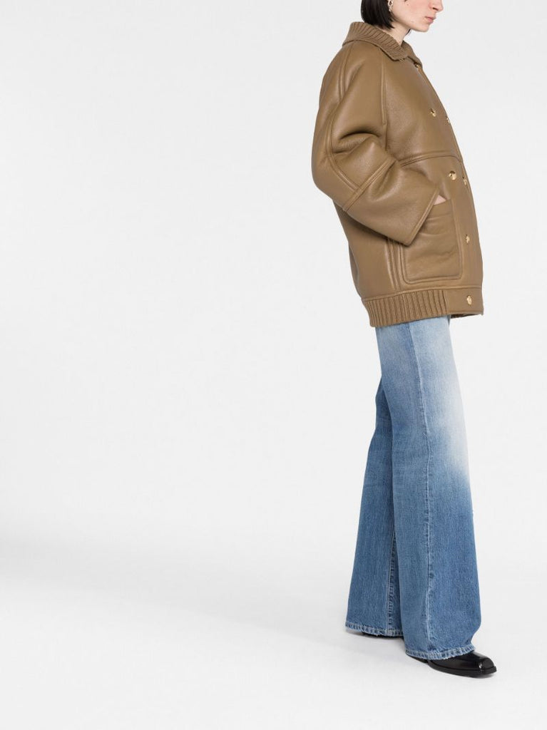Green Double-breasted Leather Coat