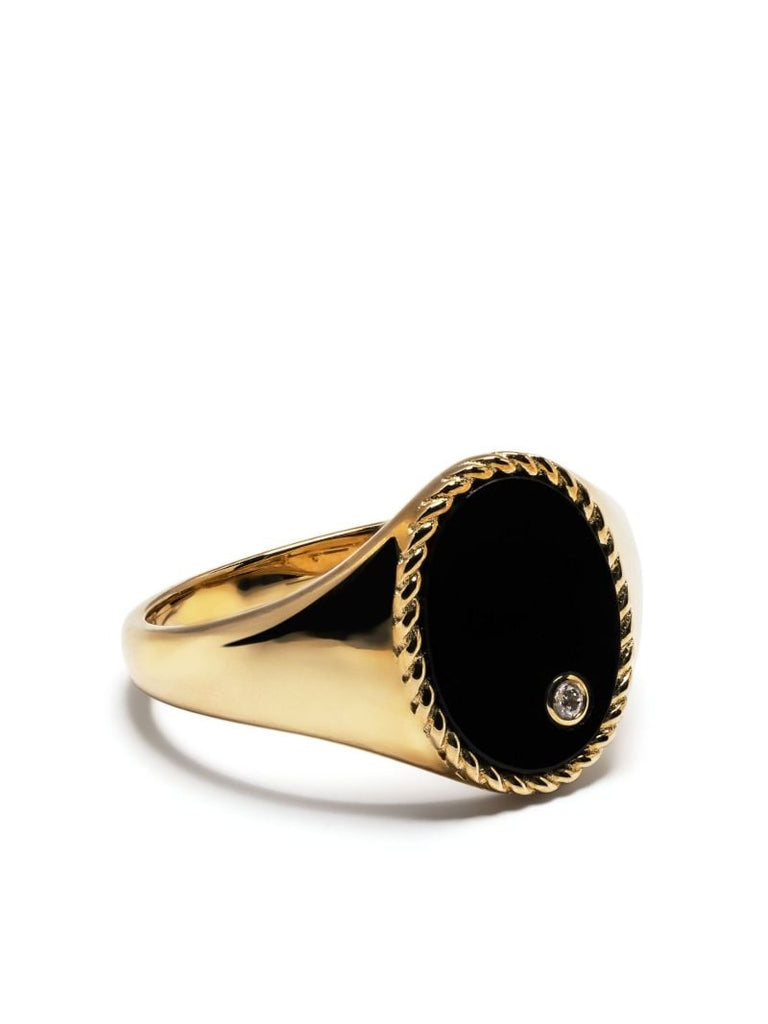 9k Yellow Gold Chevaliere Ovale Onyx and Diamond Ring