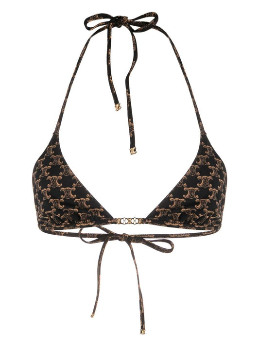 Brown Monogram Print Triangle Bikini Top Triangle Bkn Top W Bk Ties Jrsy Brown