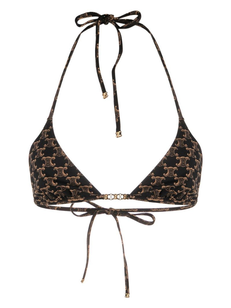Brown Monogram Print Triangle Bikini Top Triangle Bkn Top W Bk Ties Jrsy Brown