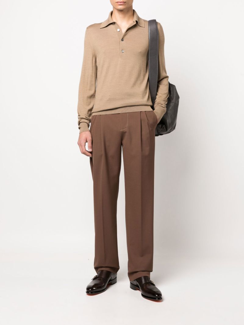Brown Long Sleeve Wool Polo Shirt