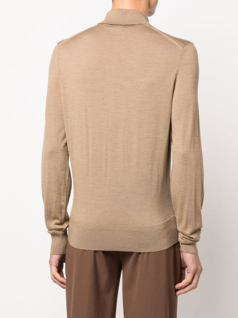 Brown Long Sleeve Wool Polo Shirt