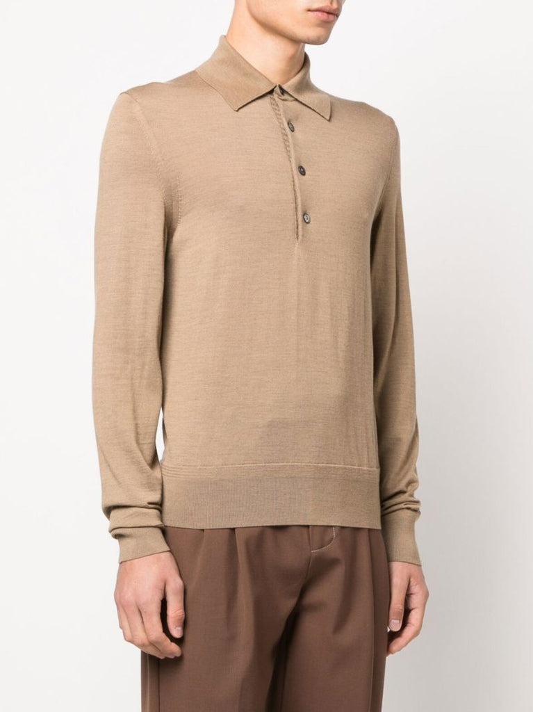 Brown Long Sleeve Wool Polo Shirt