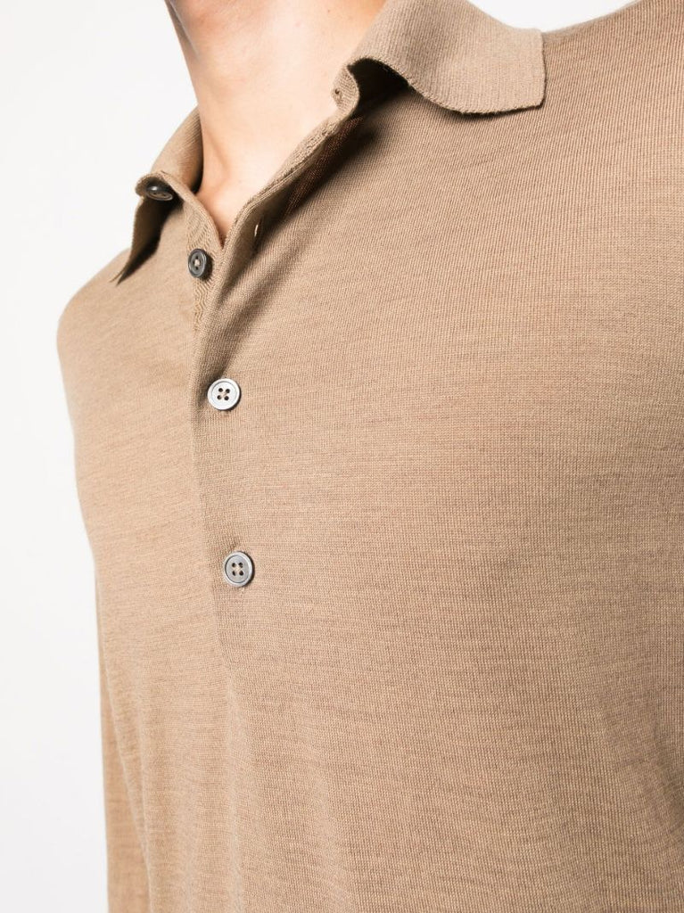 Brown Long Sleeve Wool Polo Shirt