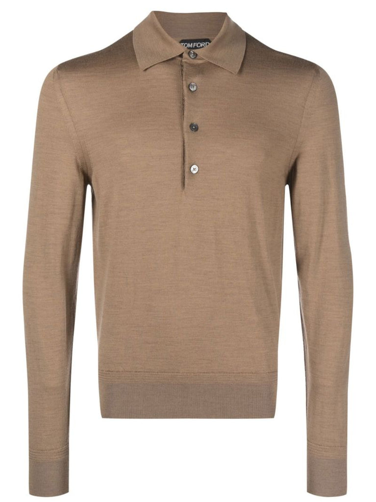 Brown Long Sleeve Wool Polo Shirt
