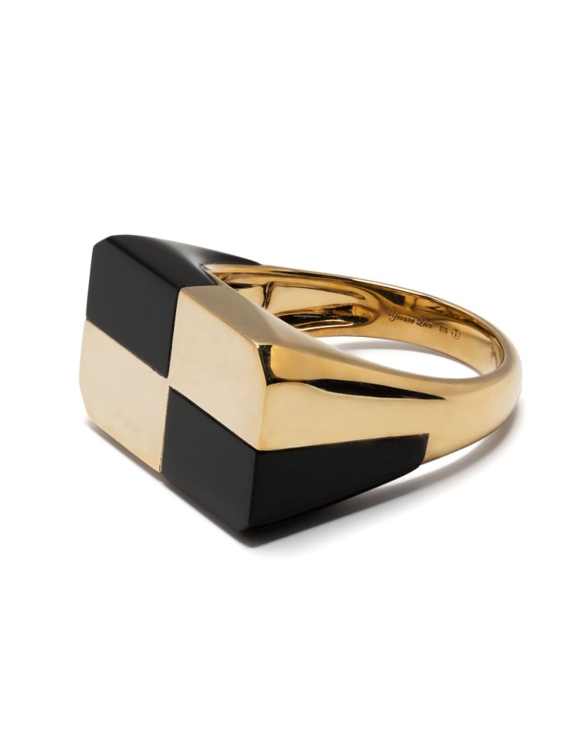 9k Yellow Gold Bague Damier Onyx Ring