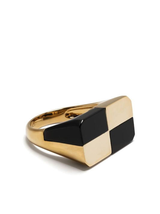 9k Yellow Gold Bague Damier Onyx Ring