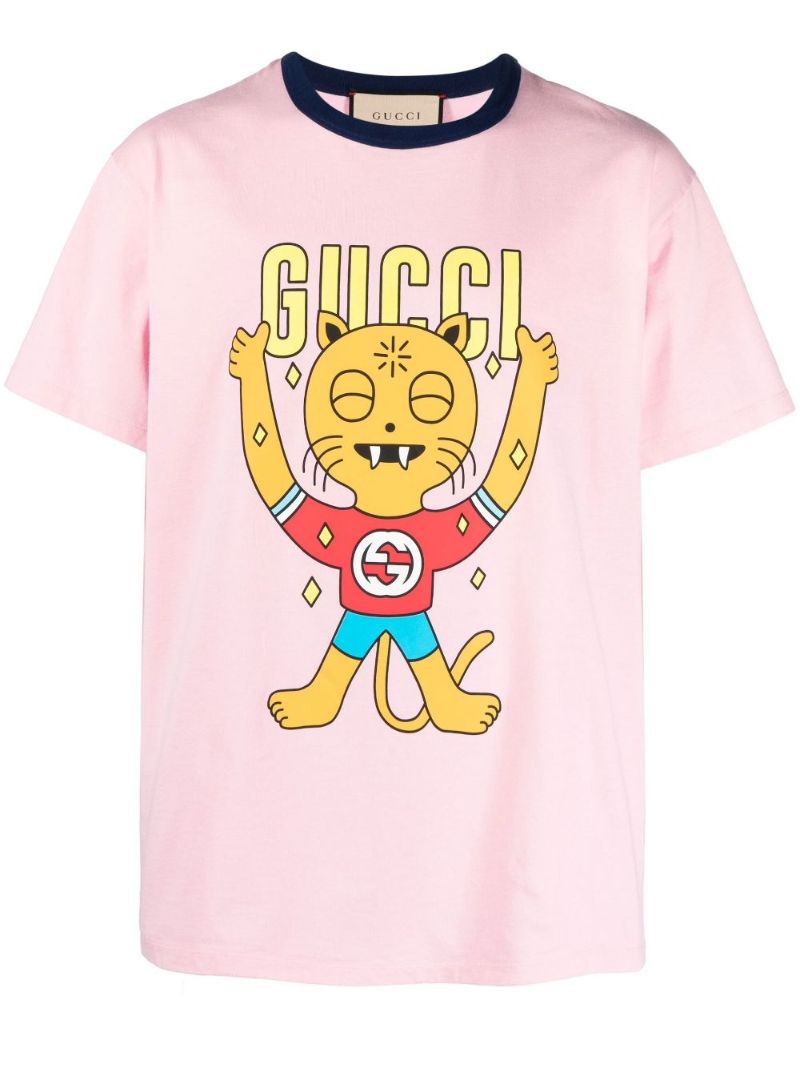 Pink Cat Print Cotton T-shirt