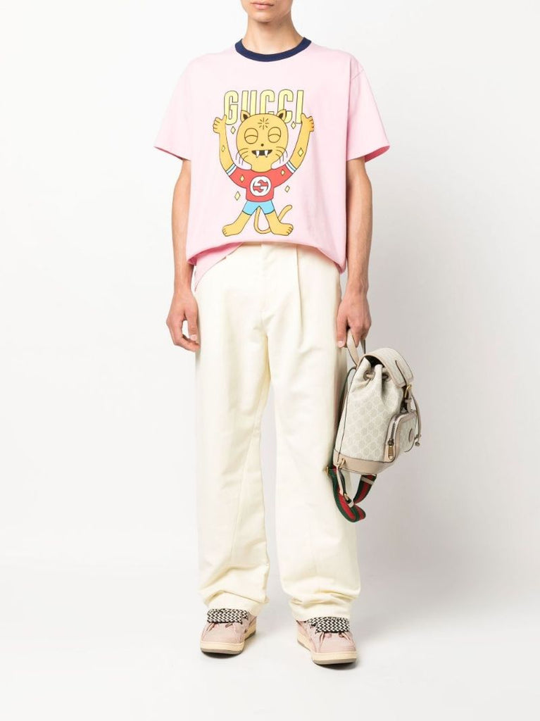 Pink Cat Print Cotton T-shirt
