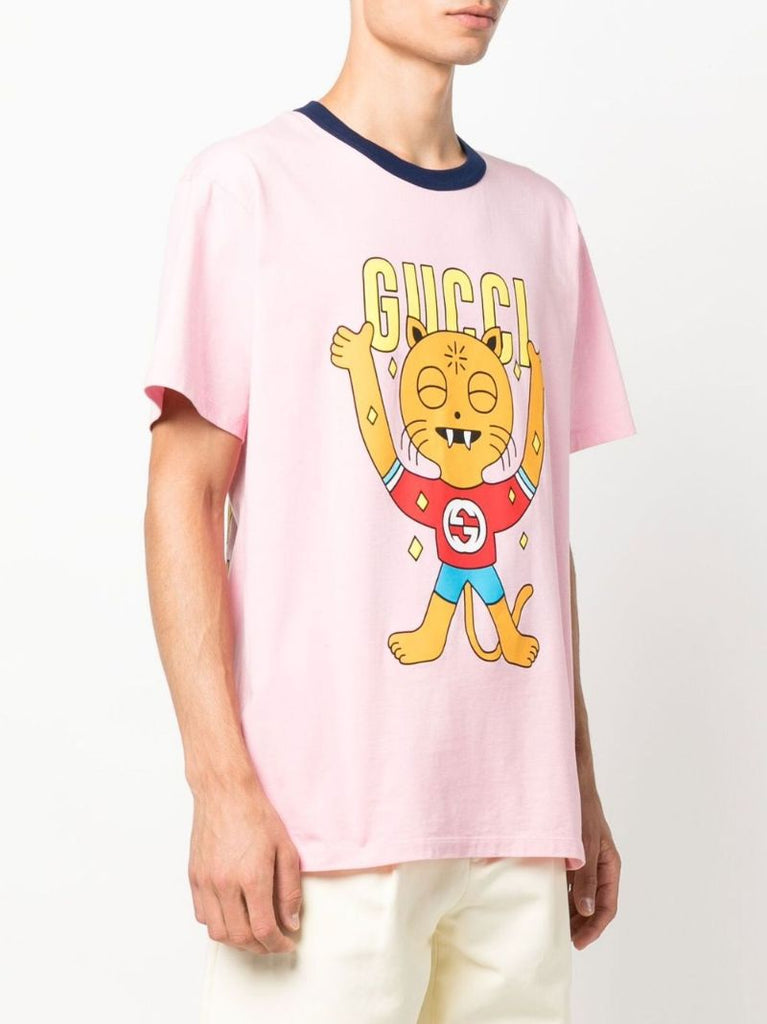 Pink Cat Print Cotton T-shirt