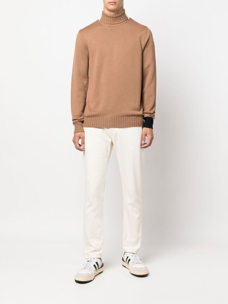 Brown Colour Block Roll Neck Wool Jumper