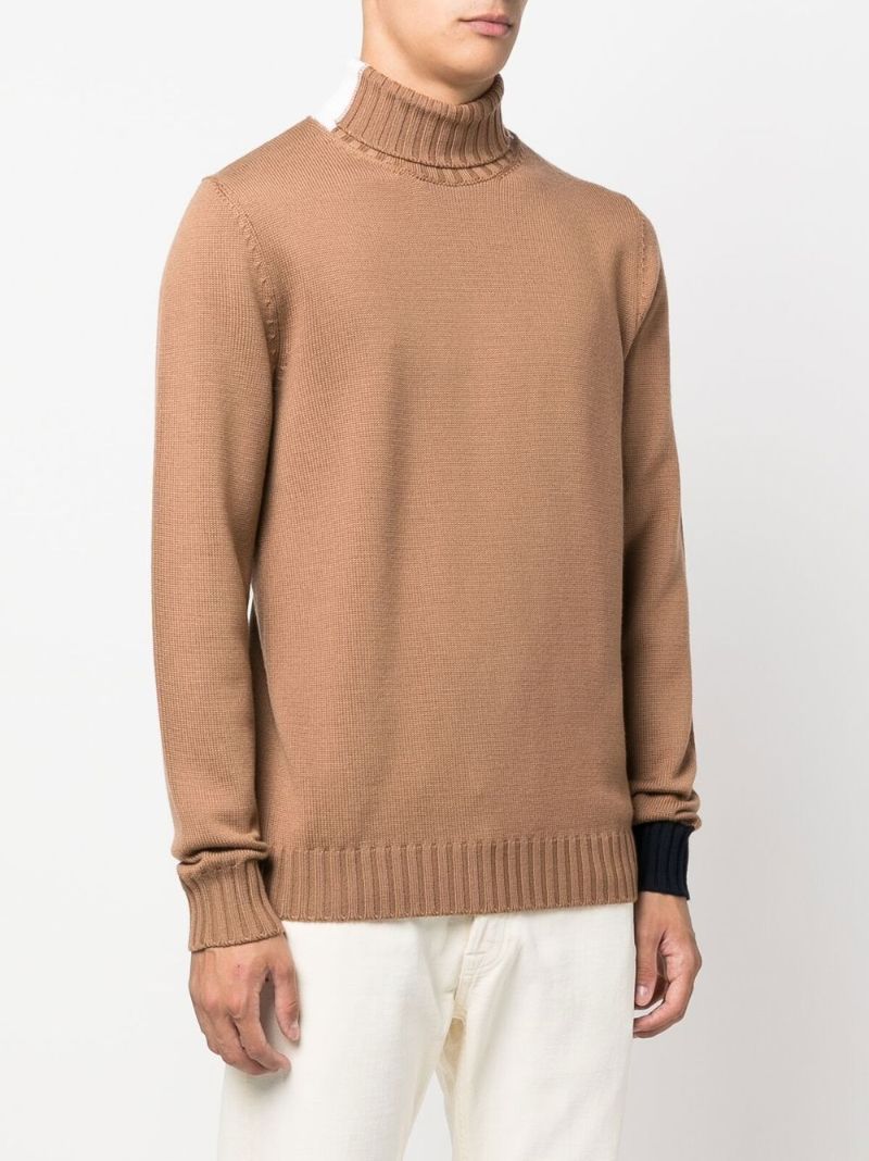 Brown Colour Block Roll Neck Wool Jumper
