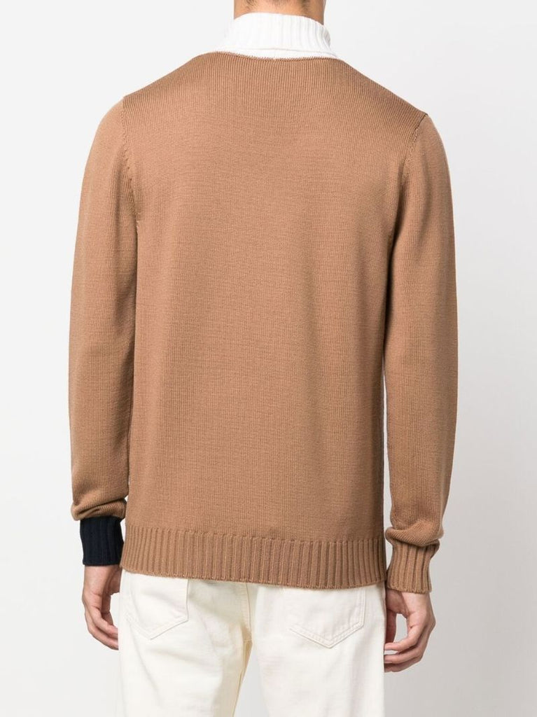 Brown Colour Block Roll Neck Wool Jumper
