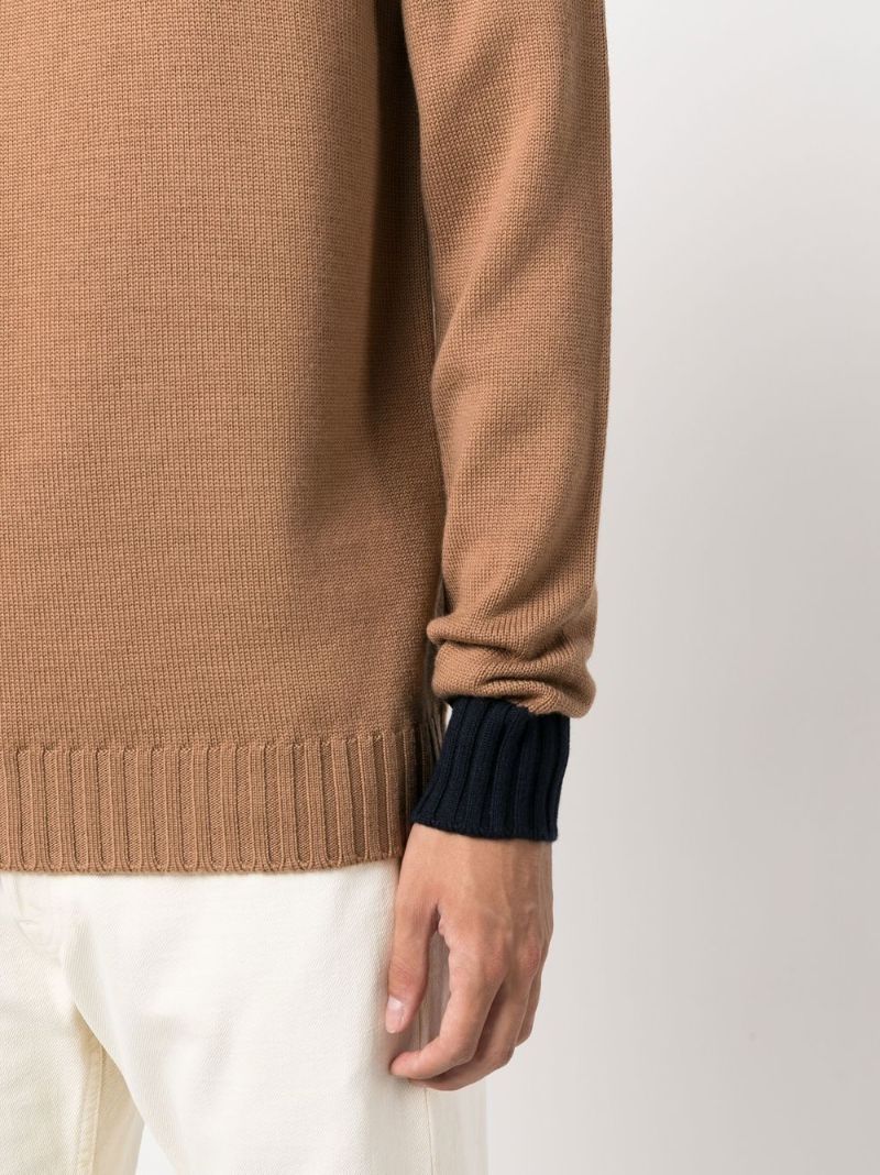 Brown Colour Block Roll Neck Wool Jumper