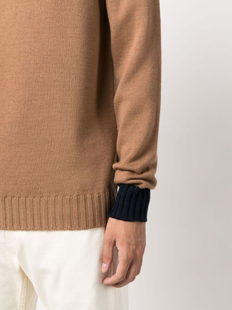 Brown Colour Block Roll Neck Wool Jumper