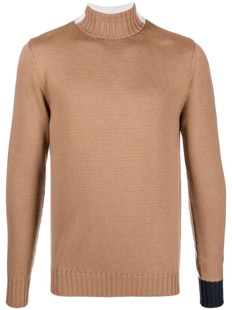 Brown Colour Block Roll Neck Wool Jumper