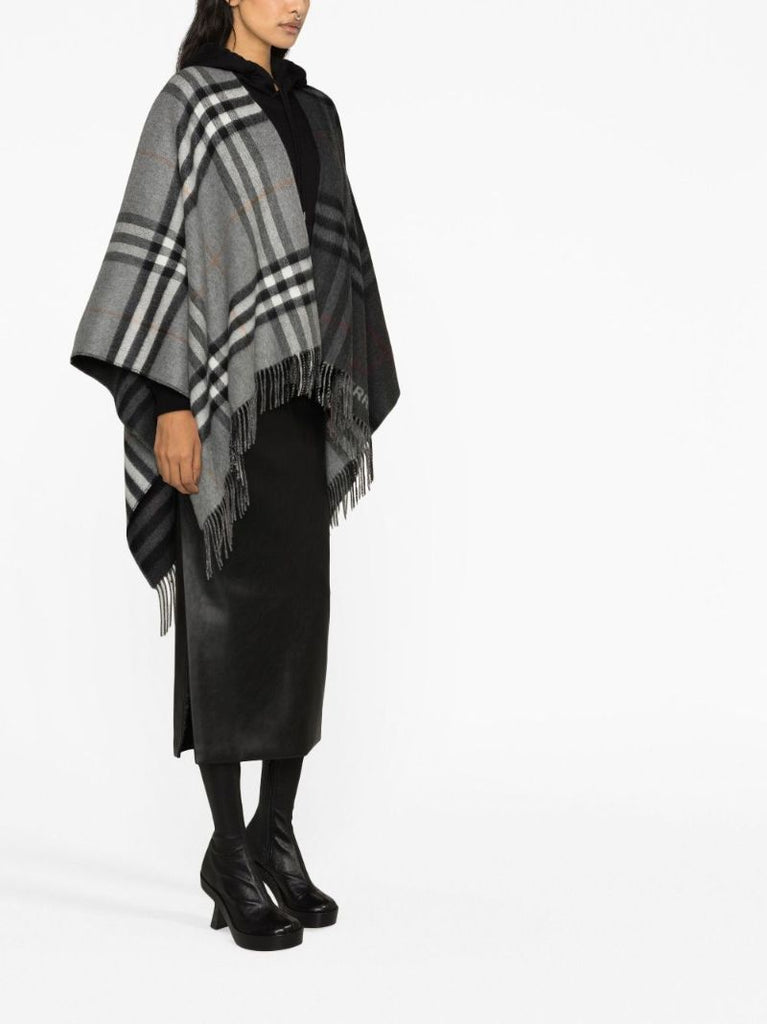 Grey Fringed Checked Cape