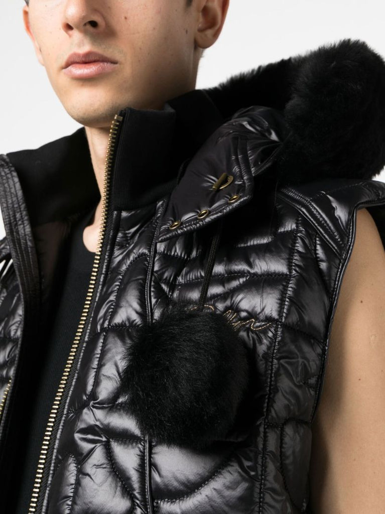 Black Quilted Leather Bomber Gilet