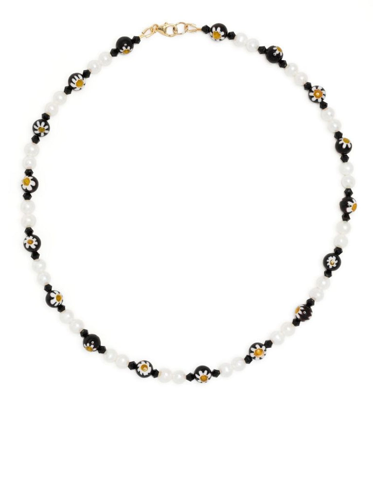 White Pearl and Daisy Crystal Beaded Necklace