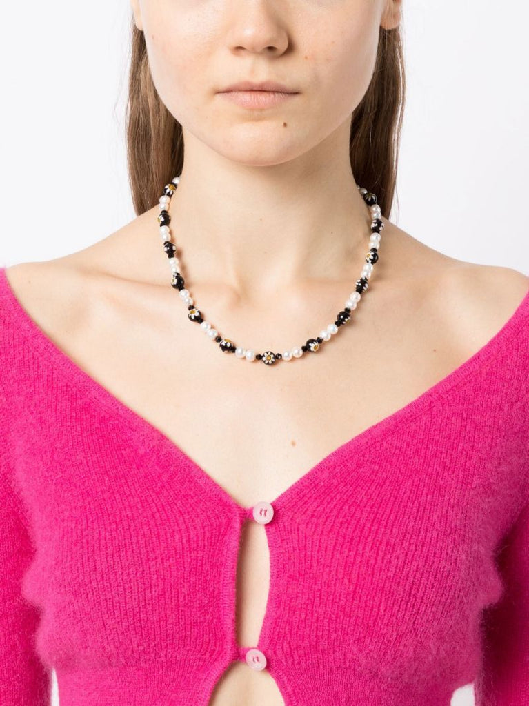 White Pearl and Daisy Crystal Beaded Necklace