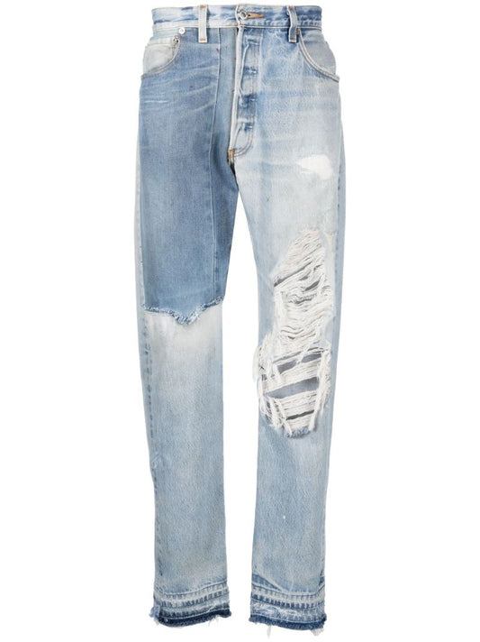 Blue Ken Panelled Distressed Straight Leg Jeans