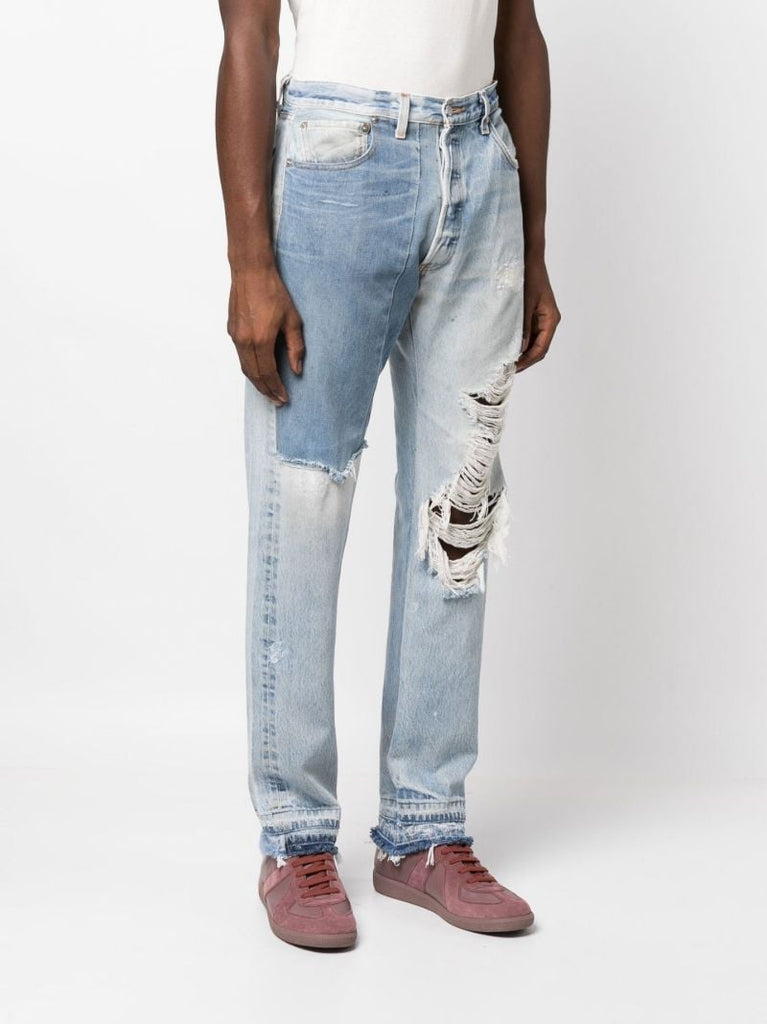 Blue Ken Panelled Distressed Straight Leg Jeans