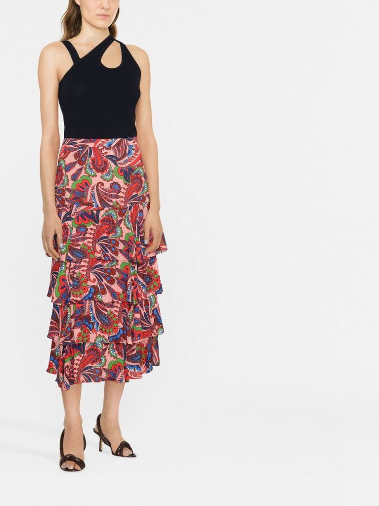 Pink Livi Tiered Paisley Print Midi Skirt