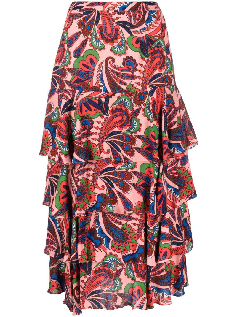 Pink Livi Tiered Paisley Print Midi Skirt