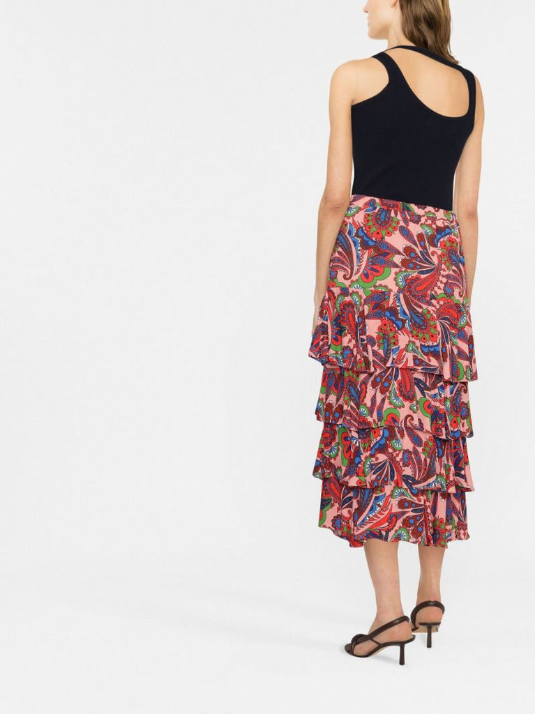 Pink Livi Tiered Paisley Print Midi Skirt