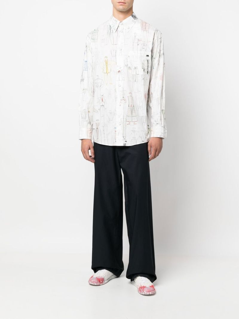 White Sketch Print Cotton Shirt