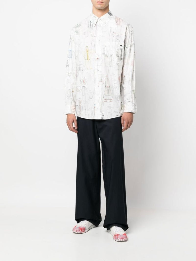 White Sketch Print Cotton Shirt