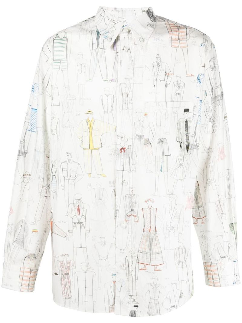 White Sketch Print Cotton Shirt
