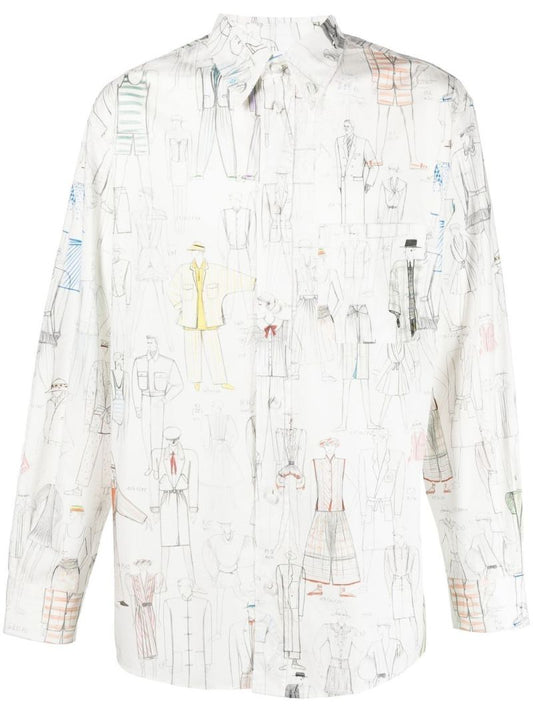 White Sketch Print Cotton Shirt