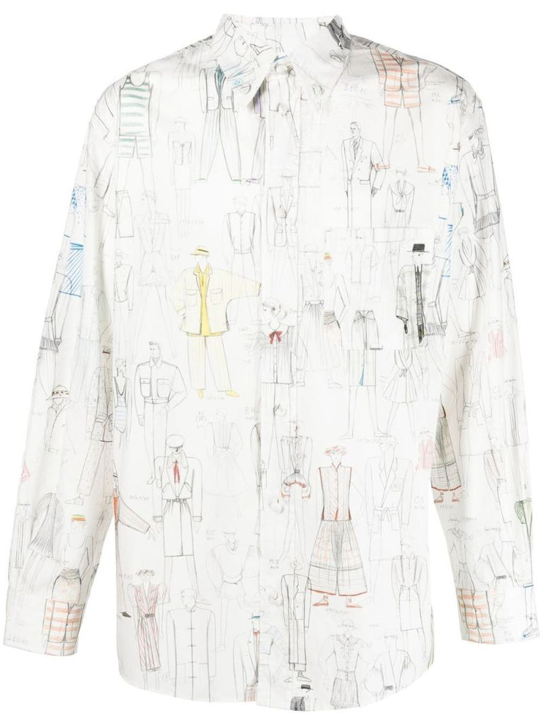White Sketch Print Cotton Shirt