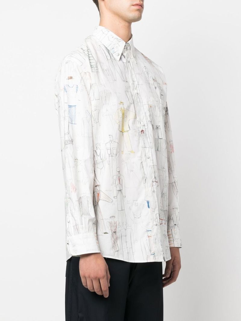 White Sketch Print Cotton Shirt