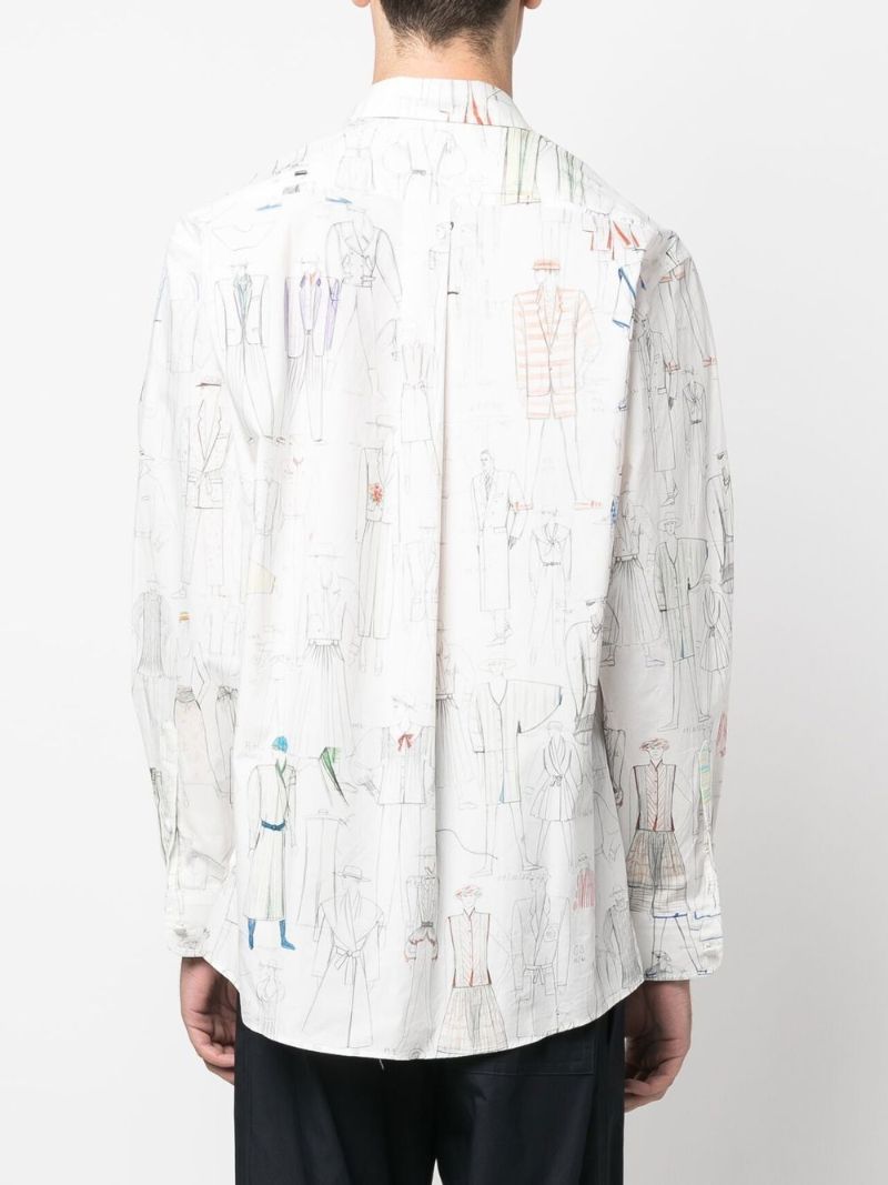 White Sketch Print Cotton Shirt