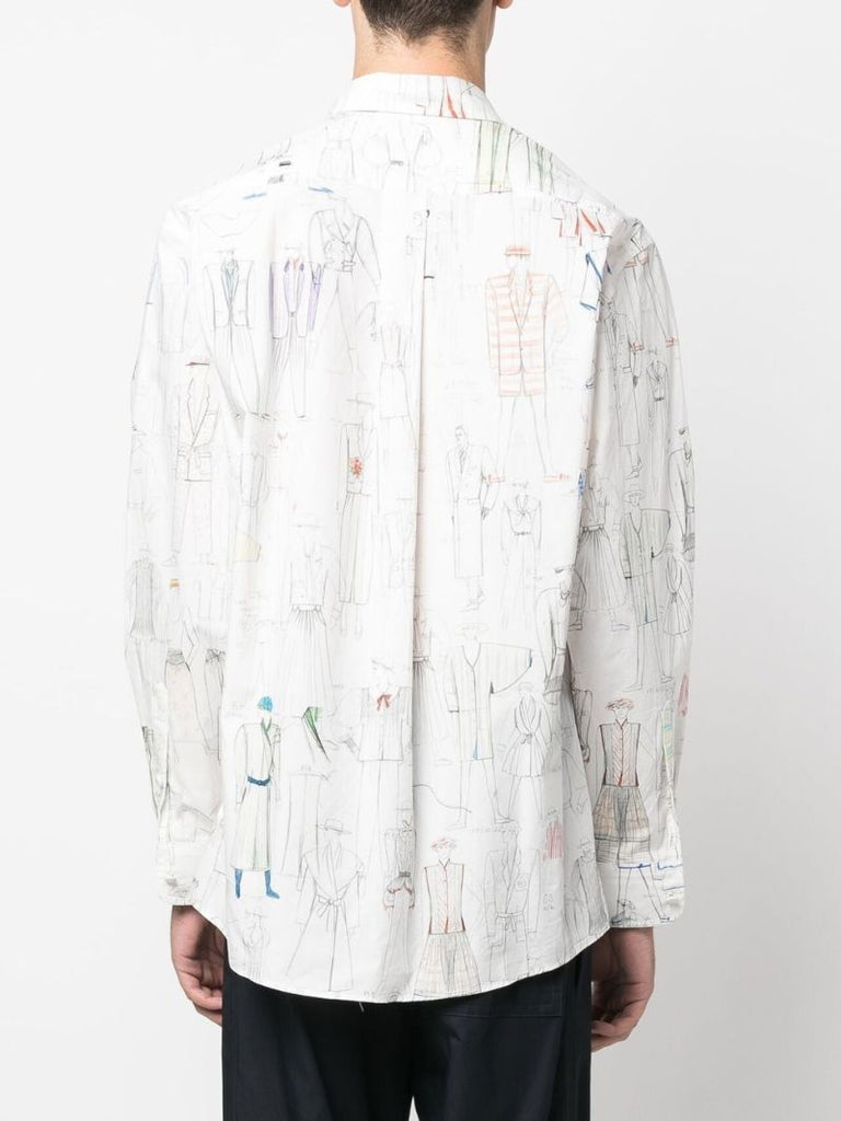 White Sketch Print Cotton Shirt