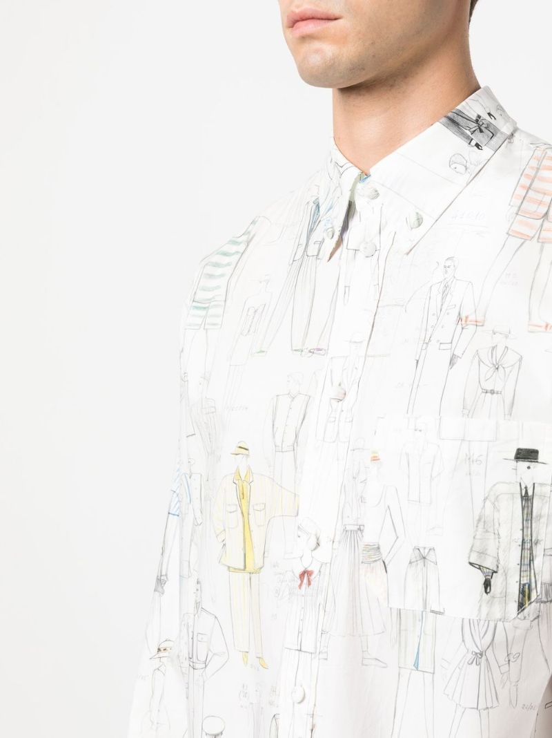 White Sketch Print Cotton Shirt