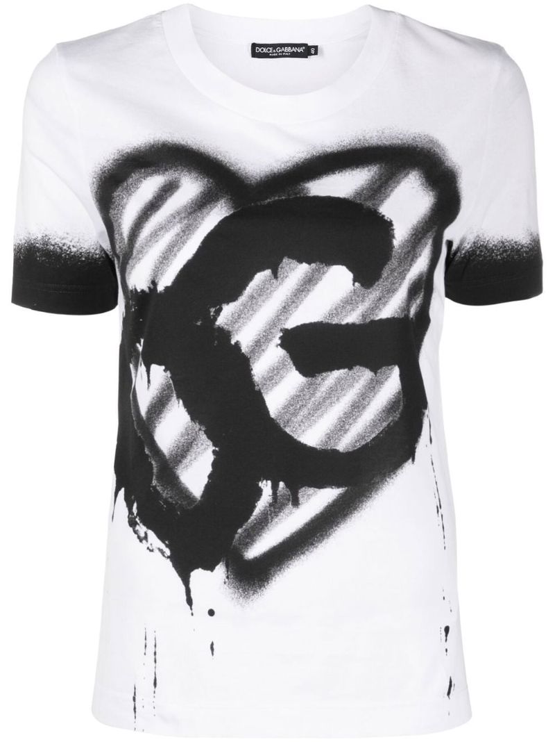 White Heart Logo Print Cotton T-shirt
